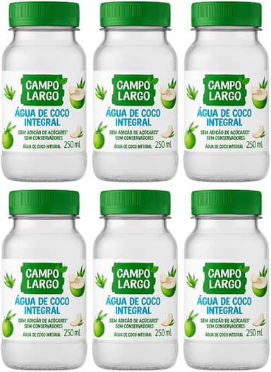 Água de Coco Integral Campo Largo 250ml – Kit com 6 Unidades | 100% Natural | Sem Conservantes | Hidratação e Reposição de Eletrólitos