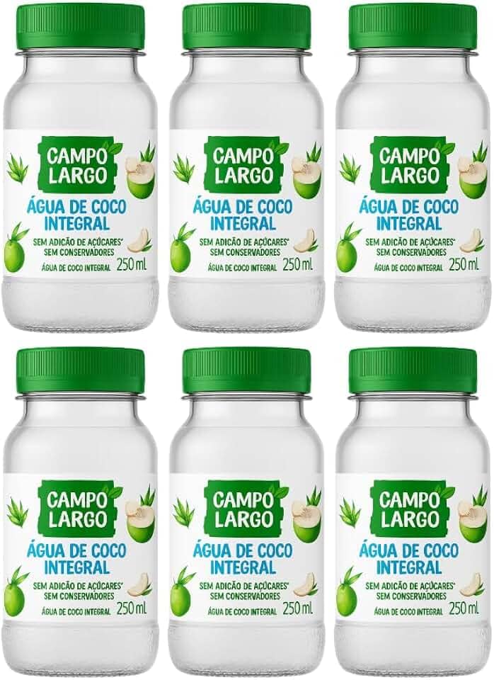Água de Coco Integral Campo Largo 250ml – Kit com 6 Unidades | 100% Natural | Sem Conservantes | Hidratação e Reposição de Eletrólitos