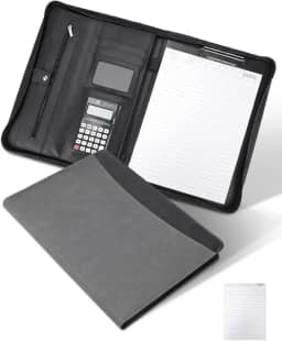Keleme Pasta Executiva A4, Sofisticada, Cinza, 26x34 cm, Couro Sintético, 100 Folhas A4, Calculadora Solar de 12 Dígitos