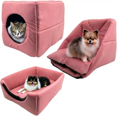 Cama Toca Iglu 3 em 1 Suede Cachorro Gato Frio Quente Pet M (Rosa)