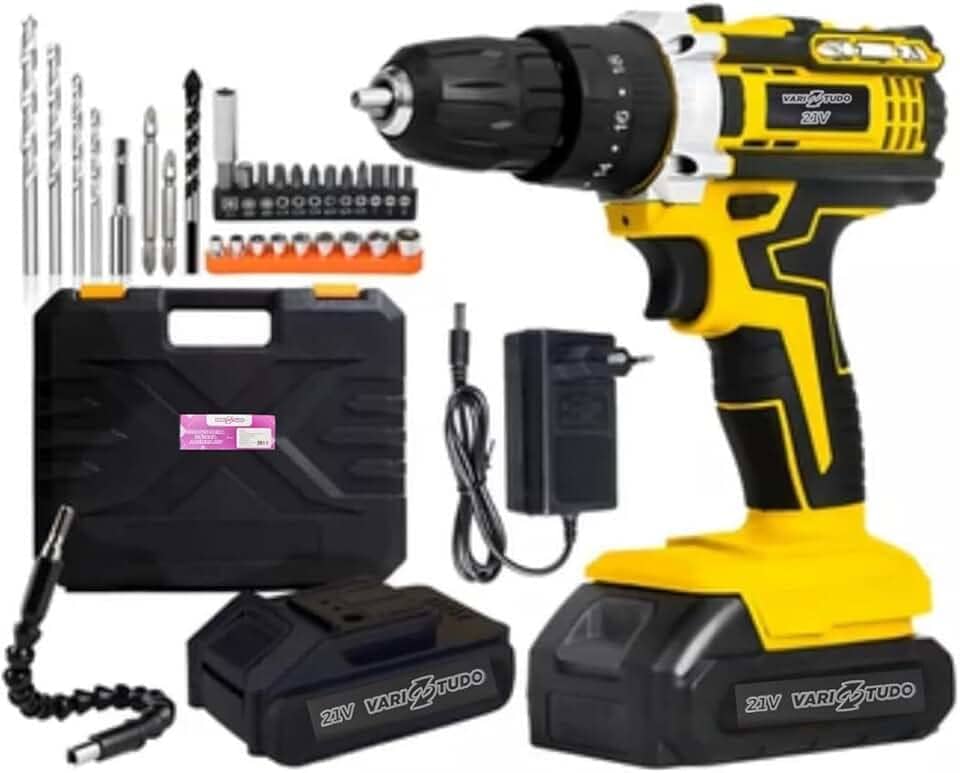 Furadeira e Parafusadeira de Impacto Sem Fio 21V com LED, 2 Baterias Recarregáveis Bivolt e 32 Acessórios - Maleta Completa para Uso Profissional