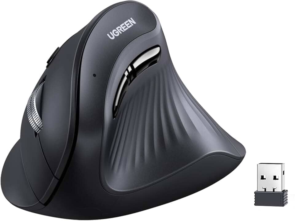 UGREEN Mouse vertical sem fio (Bluetooth 5.0 + 2.4G) Mouse ergonômico com 5 botões, 1000/16000/2000/4000 DPI, prevenção de braço do mouse, mouse vertical compatível com PC/laptop/tablet, preto