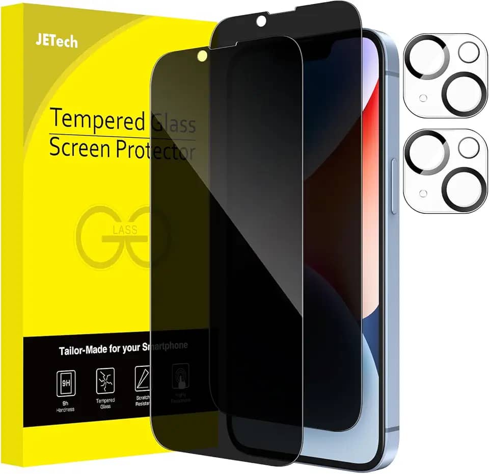 JETech Película de Vidro Temperado Cobertura Total de Privacidade para iPhone 14 6,1 Polegadas com Protetor Lente Câmera, Protetor de Tela Anti-Espião, 2 Pacotes Cada