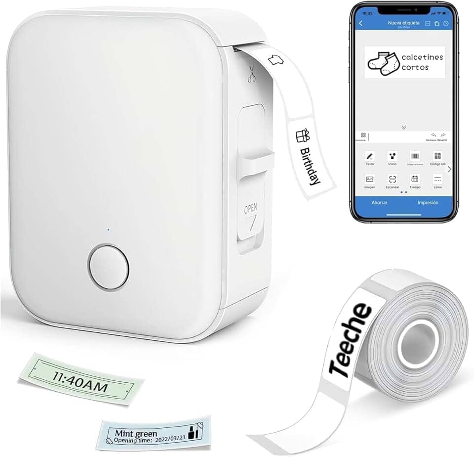 Impressora Térmica de Etiquetas Portátil, Bluetooth, 15mm Largura, Bateria 1000mAh, com App e Rolo de Etiqueta, Branca (Impressora + Rolo de Papel)