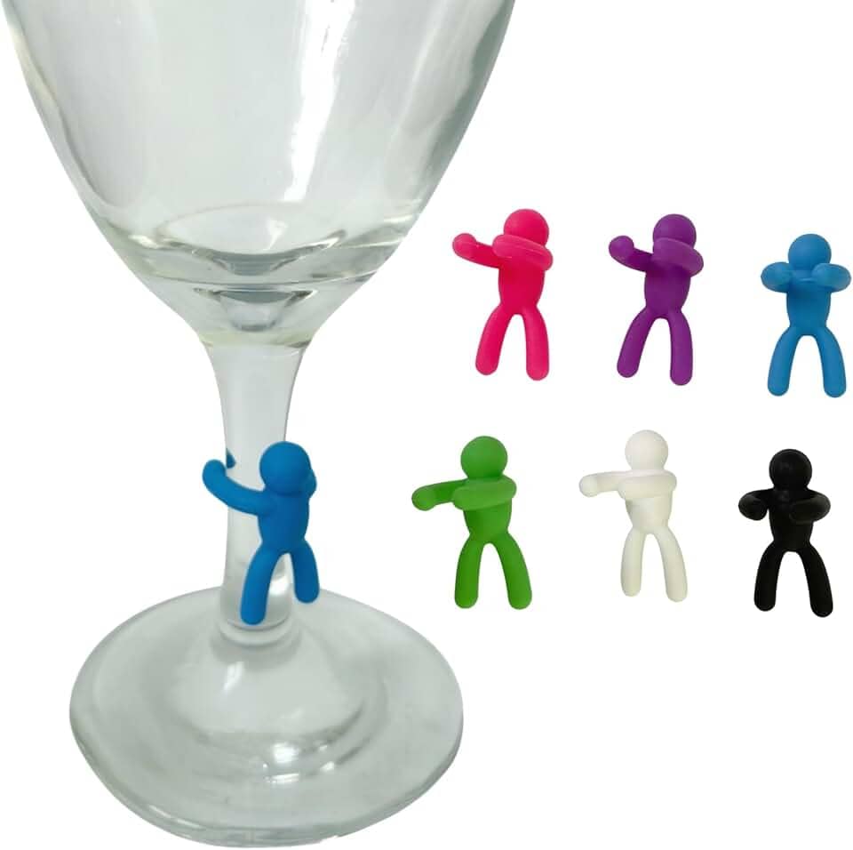 Jogo 6 Marcadores de Taça Silicone Bonequinho Identificador de Bebidas para Jantar e Festas Lavável