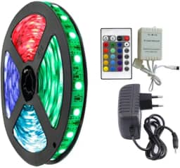 Fita LED RGB 5050 5 Metros IP65-16 Cores, 300 LEDs com Fonte Bivolt e Controle Remoto Iluminação Decorativa Flexível, Adesiva, para Teto, Quarto, Sala, Ambientes Internos e Externo Premium