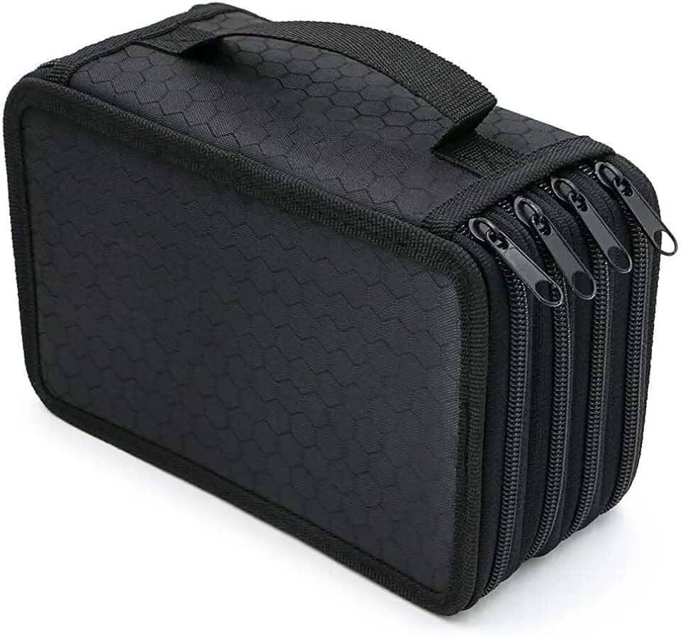 Estojo Escolar Grande com 4 Divisórias, Material Oxford, 72 Lápis de Capacidade, Alça de Transporte, Organizador para Material Escolar (Preto)