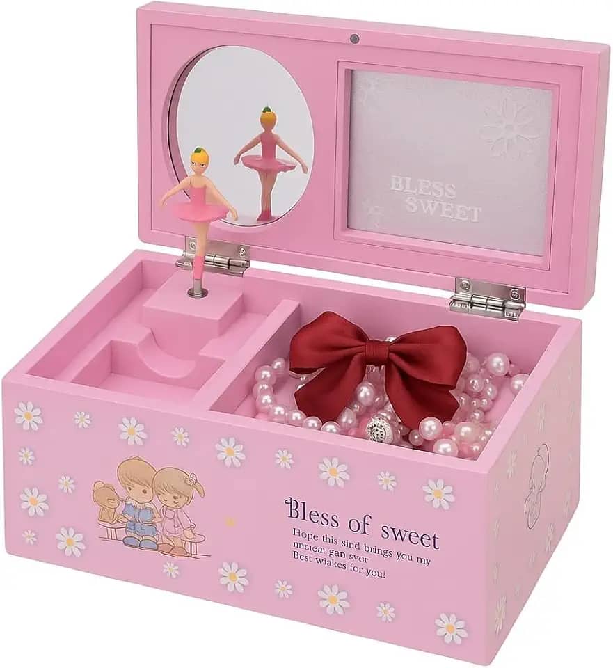 Caixa de Música com Bailarina Porta Joia Infantil Rosa com Espelho Presente para Menina Com Manivela