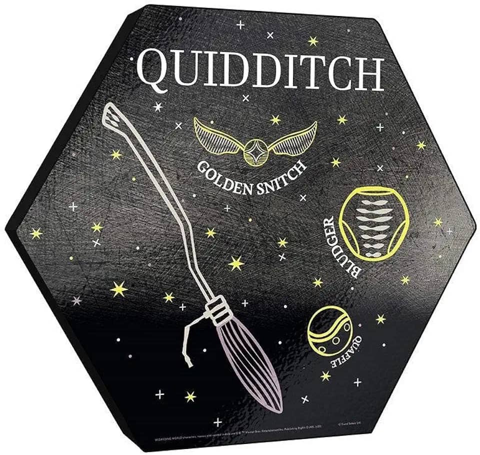 Harry Potter – Quadribol – Vassoura e Pomo Dourado – Impressão em madeira hexagonal de 29 x 25 cm – Pendure sozinho ou conecte a outras peças – Mercadoria oficialmente licenciada