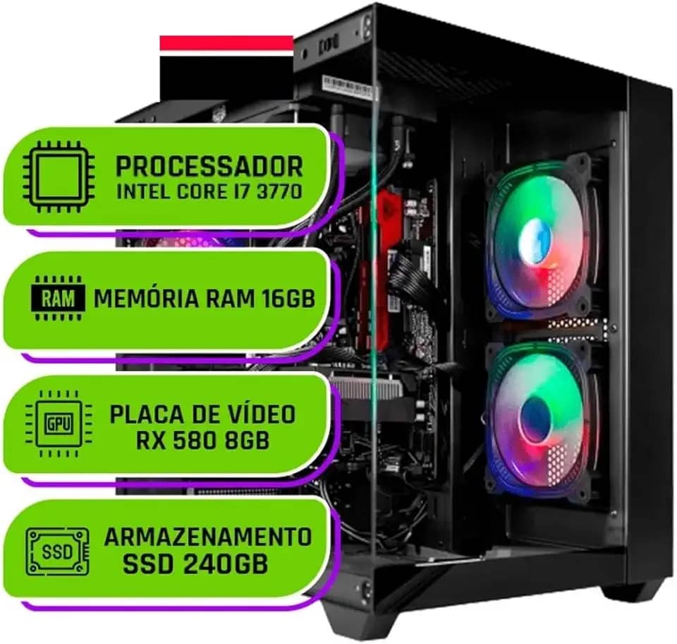 PC Gamer Alligator Shop Intel Core i7 3770, Radeon RX 580 8GB, Memoria 16GB DDR3, SSD 240GB, Preto Black