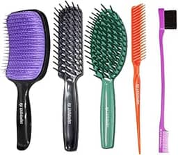 Kit Escovas e Pentes para Cabelo Cacheado e Crespo – Escova Raquete Flexível e Firme + Pente 3 Fileiras Fitagem + Baby Hair 2 em 1 + Pente Profissional