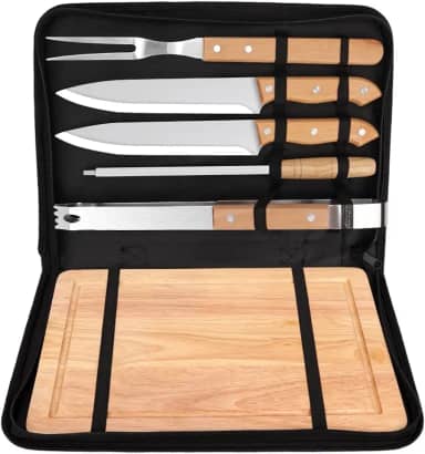 Kit Churrasco Tradicional Inox 6 Peças, Kit Churrasco com Tabua, Kit Churrasco, Kit Churrasco Inox, Kit Tábua para Churrasco, Kit de Churrasco 6 Peças com Tábua de Bambu