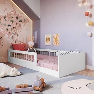 Cama Infantil de Chão Montessoriana de Solteiro para Menino e Menina com Grade de Proteção Lateral