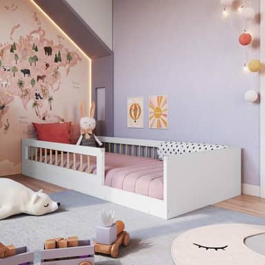 Cama Infantil de Chão Montessoriana de Solteiro para Menino e Menina com Grade de Proteção Lateral