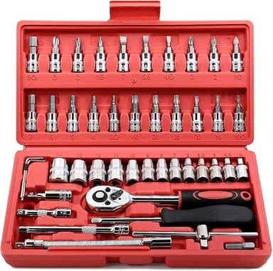 Kit de Ferramentas 46 Peças com Chave Catraca Soquetes e Bits – Conjunto Profissional Cromado Cr-V com Maleta Vermelha Portátil para Reparos Automotivos e Domésticos
