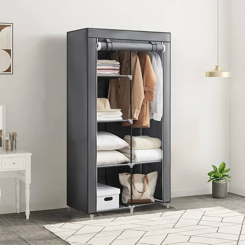 Guarda-roupa Dobrável para Pendurar Roupas Com 6 Prateleiras de Armazenamento, Organizador de Roupas de Pé para o Quarto, Armário Portátil, Cor Cinza