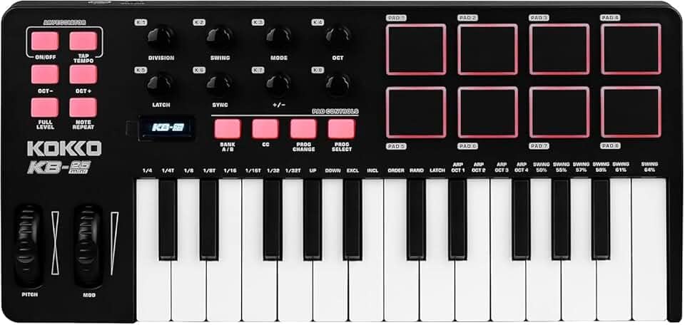 Kokko Professional Mini Teclado MIDI 25 Teclas com 8 Pads de Bateria Retroiluminados, 8 Knobs e Software de Produção Musical Incluso - Controlador USB para Home Studio e DJs