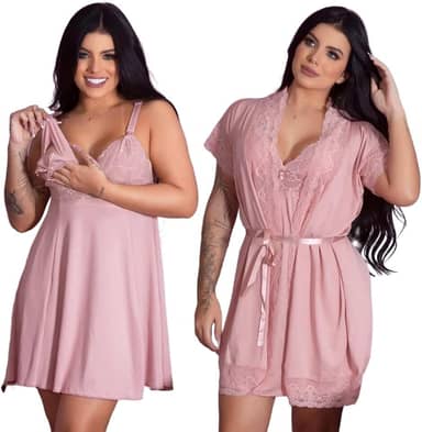 Kit Robe Roupão e Camisola Amamentação Pós-Parto com Renda, Moda Maternidade para Gestante, Prático e Confortável, Ideal para Mães que Amamentam e Saída de Maternidade