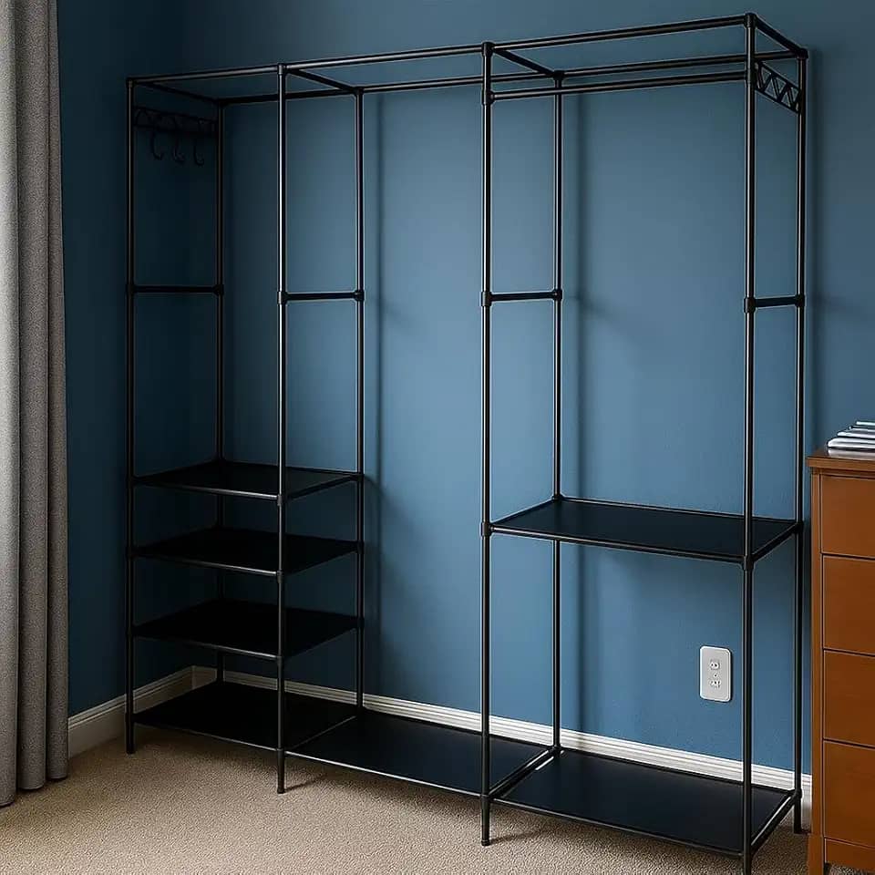 Arara tripla Guarda-Roupa Portátil com Cabideiro e Prateleiras em Aço com Montagem Fácil