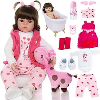 Boneca Bebê Reborn Menina Realista de Silicone com Girafinha Rosa e Roupas de Luxo 48 cm Pode Tomar Banho