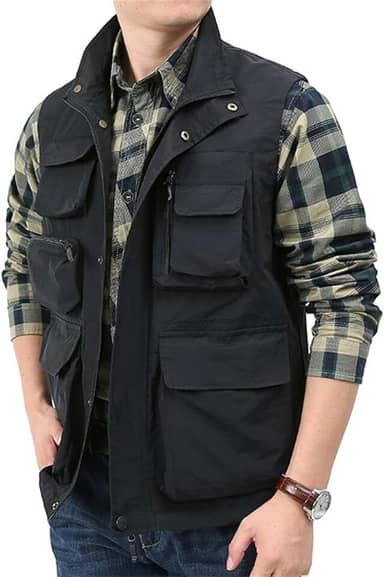 Colete masculino leve para viagem ao ar livre, trabalho, pesca, fotografia com vários bolsos
