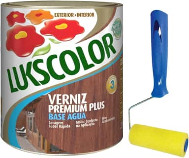Verniz Base Água 900ml Madeira Lukscolor, Rolinho Espuma 9cm (Brilhante Mogno + Rolinho 9cm)