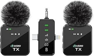 VEDO Microfone de lapela sem fio 3 em 1 para iPhone/Android/Câmera, Microfone Transmissão de 25m, Bateria com duração de 18 horas, Mini microfone para gravação de entrevistas e vlogs