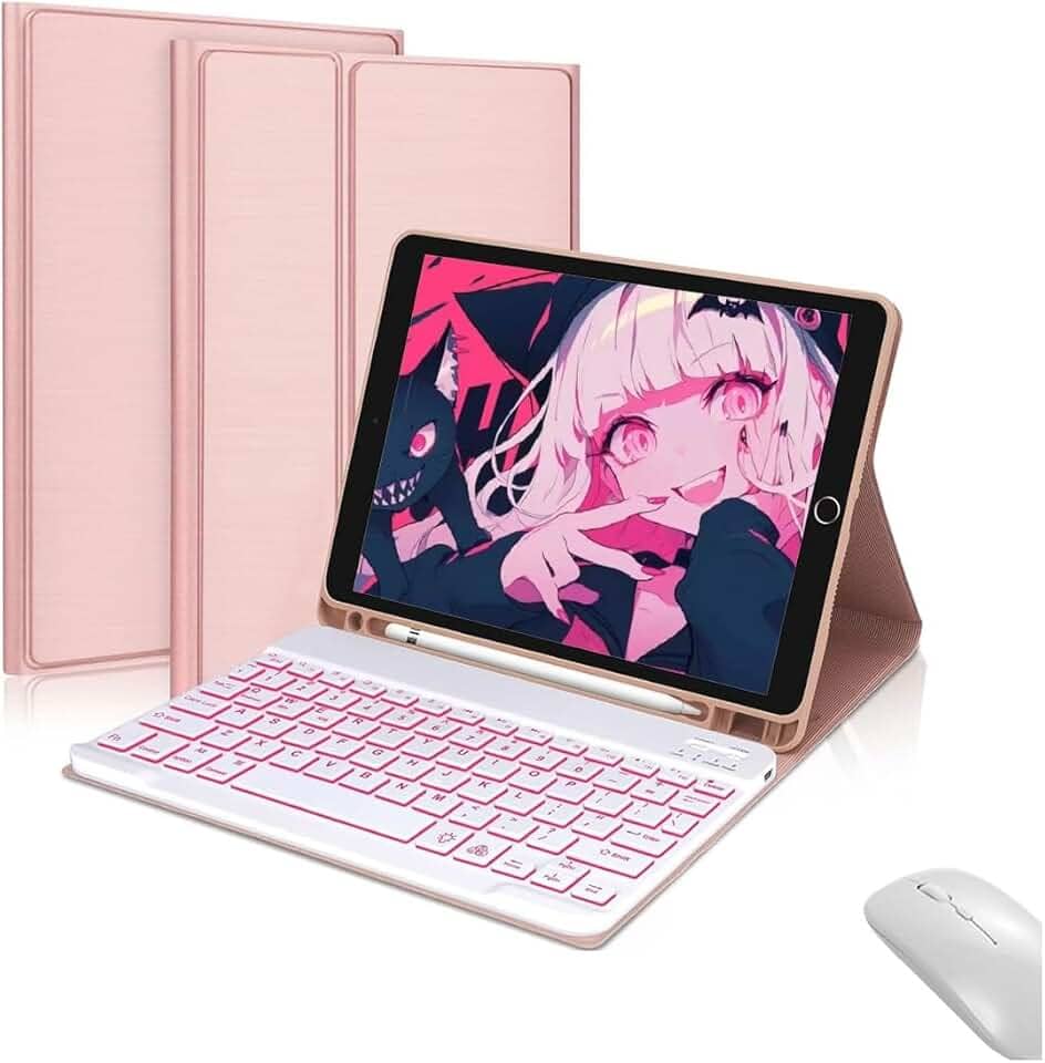 Capa Para Tablet, Capa + Mouse e Teclado Magnético Bluetooth Destacável Para IPad 9ª/ 8ª /7ª Geração (Ouro Rosa, Teclado retroiluminado)