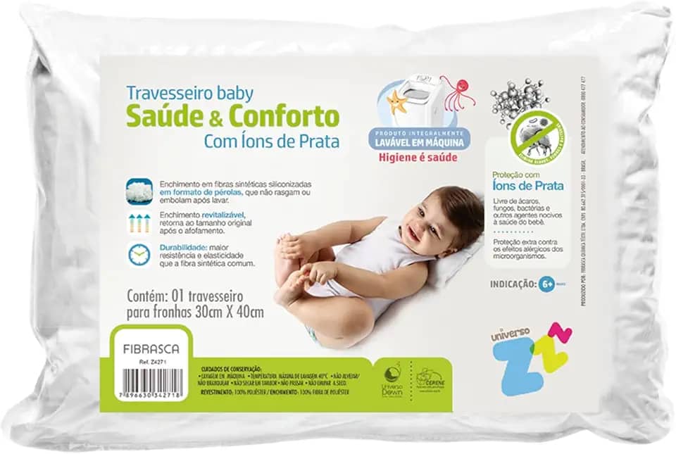 Travesseiro Íons de Prata Baby Lavável Revestimento Fibrasca Branco 30x40 cm
