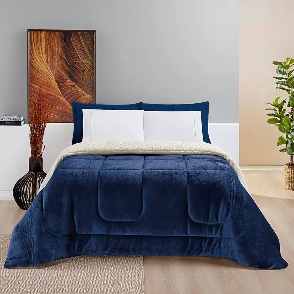 Cobertor QUEEN GIGANTE Manta Coberta Sherpa Macio Frio Intenso Grosso Coberdrom Dupla Face (Marinho)