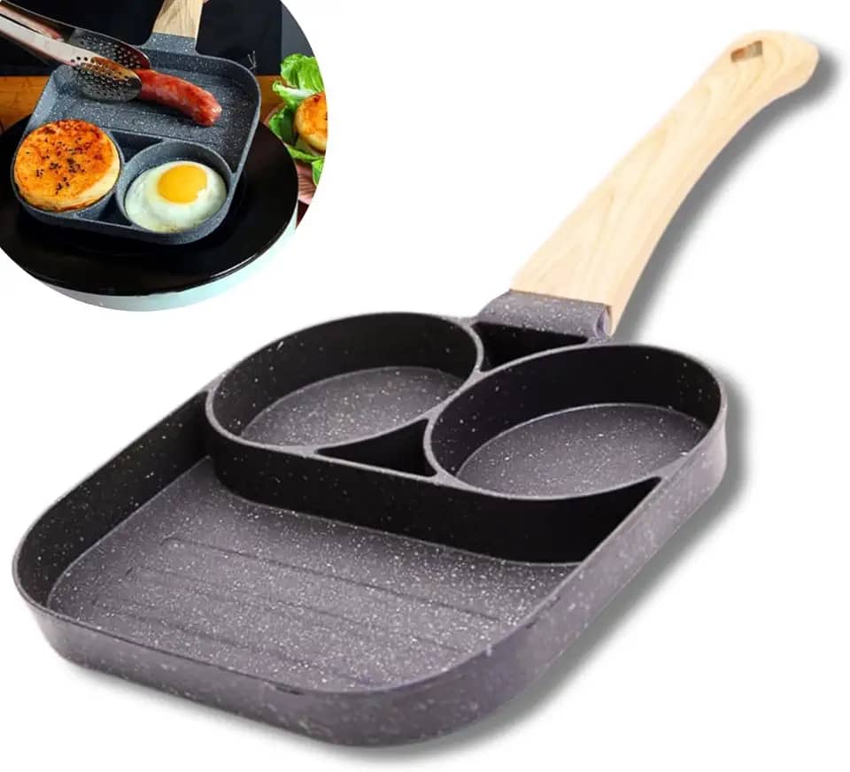 Frigideira Antiaderente Compacta com Divisórias Alumínio Resistente Panela Ovos Bacon Hambúrguer Cabo Emborrachado Madeira (3 Divisórias)