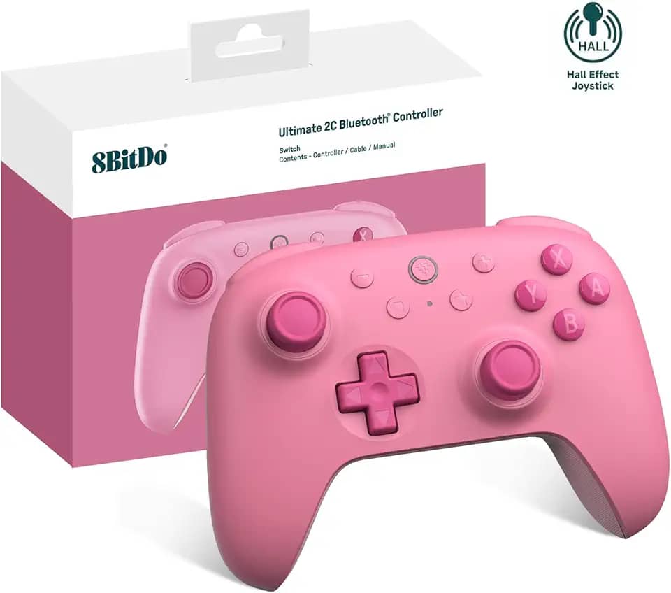 8Bitdo Ultimate 2C Bluetooth Controller (Hall Effect Joystick Update) - for Switch, with Remappable L4/R4 Bumpers, 6-axis Motion Control, Rumble Vibration and Turbo Function (Pink)