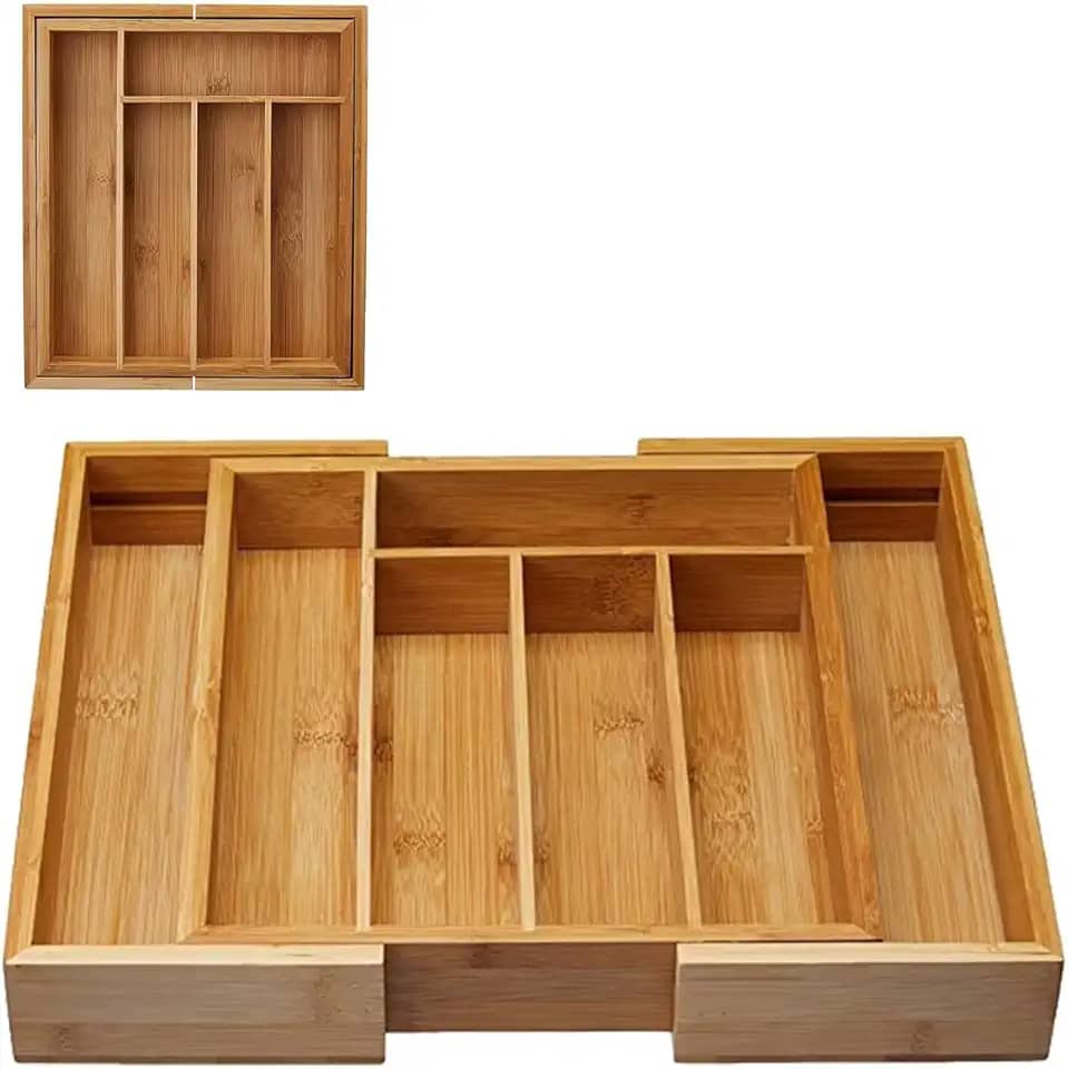 Porta Talheres Bambu Grande Extensível Ajustável Gaveta 5 Divisórias