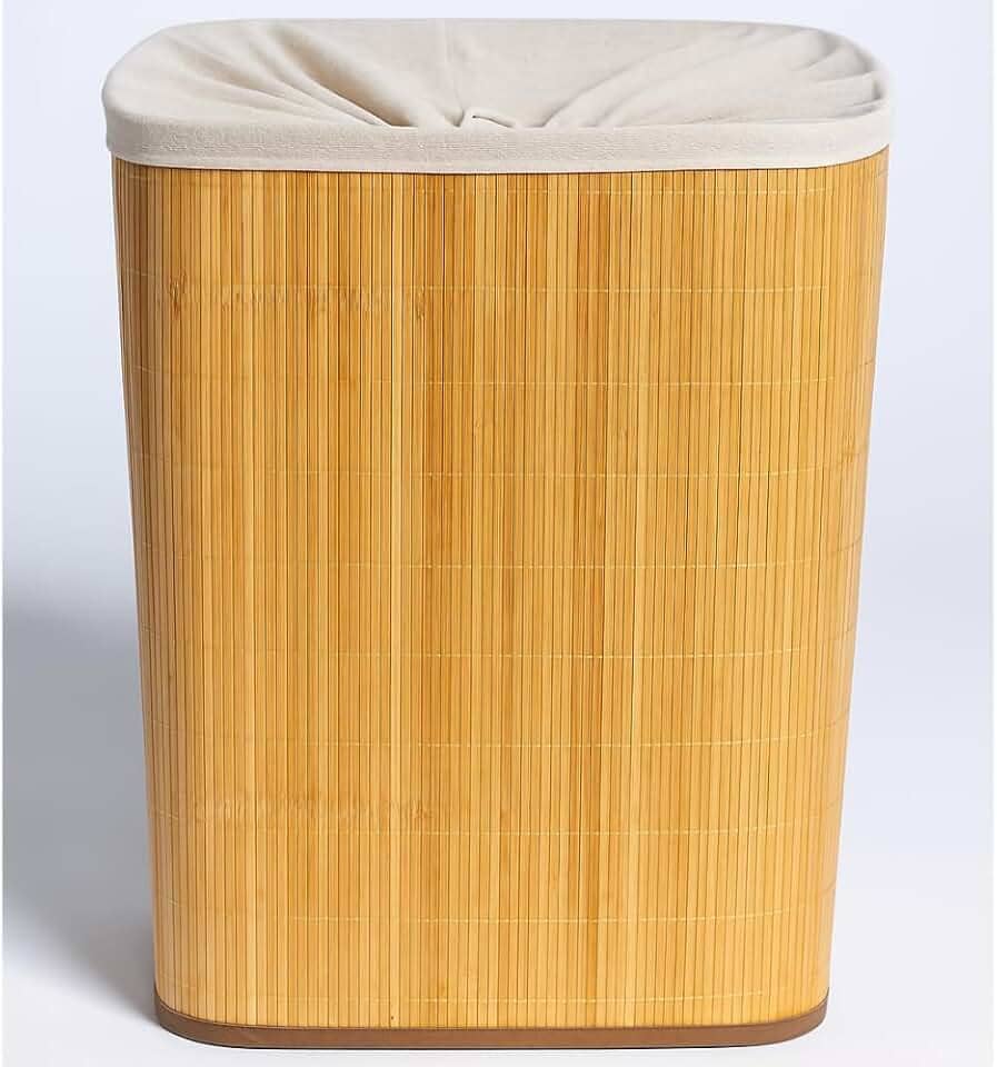 Cesto de Bambu Roupa Suja em Bambu Natural com Forro Fixo 50L Cesto Organizador Multiuso Ecológico e Dobrável para Lavanderia Área de Serviço Quarto e Banheiro Moderno Premium