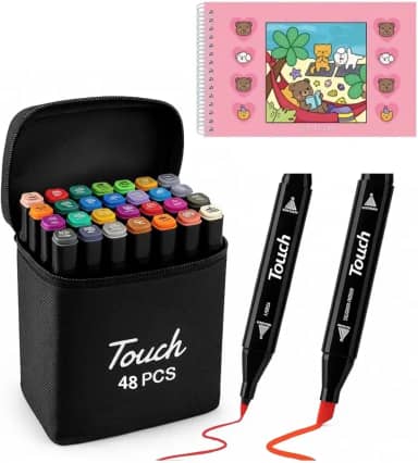 Kit Canetinhas Touch 48 Cores Para Colorir, Canetas com Ponta Dupla, Estojo com Zíper + 1 Livro de Colorir Capa Dura (1 Livro Rosa + Touch 48 Cores)
