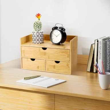 Organizador Multiuso de Utensilios/Maquiagem em Bambu 3 Gavetas, Porta Jóias e Armazenamento (Natural)