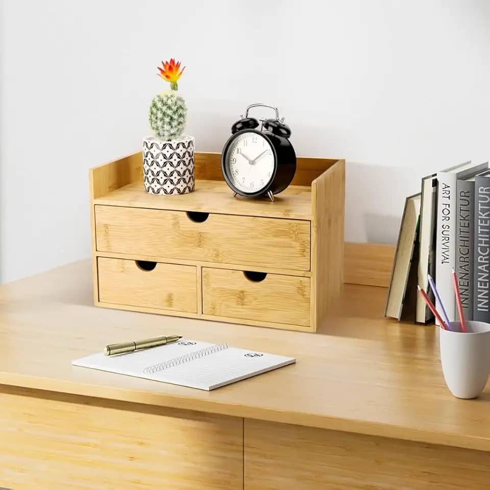 Organizador Multiuso de Utensilios/Maquiagem em Bambu 3 Gavetas, Porta Jóias e Armazenamento (Natural)
