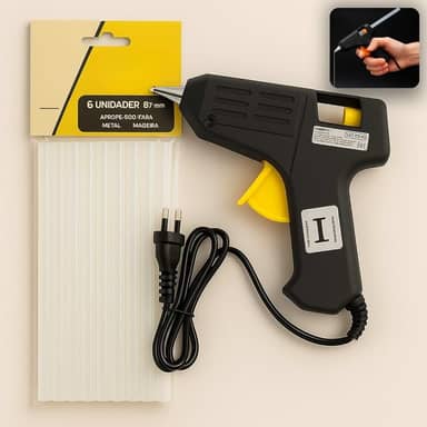 Pistola de Cola Quente Pequena 8W Bivolt + 6 Refil 7,2mm – Aquecimento Rápido, Kit Completo para Artesanato e Reparos – Certificada Inmetro– Preto