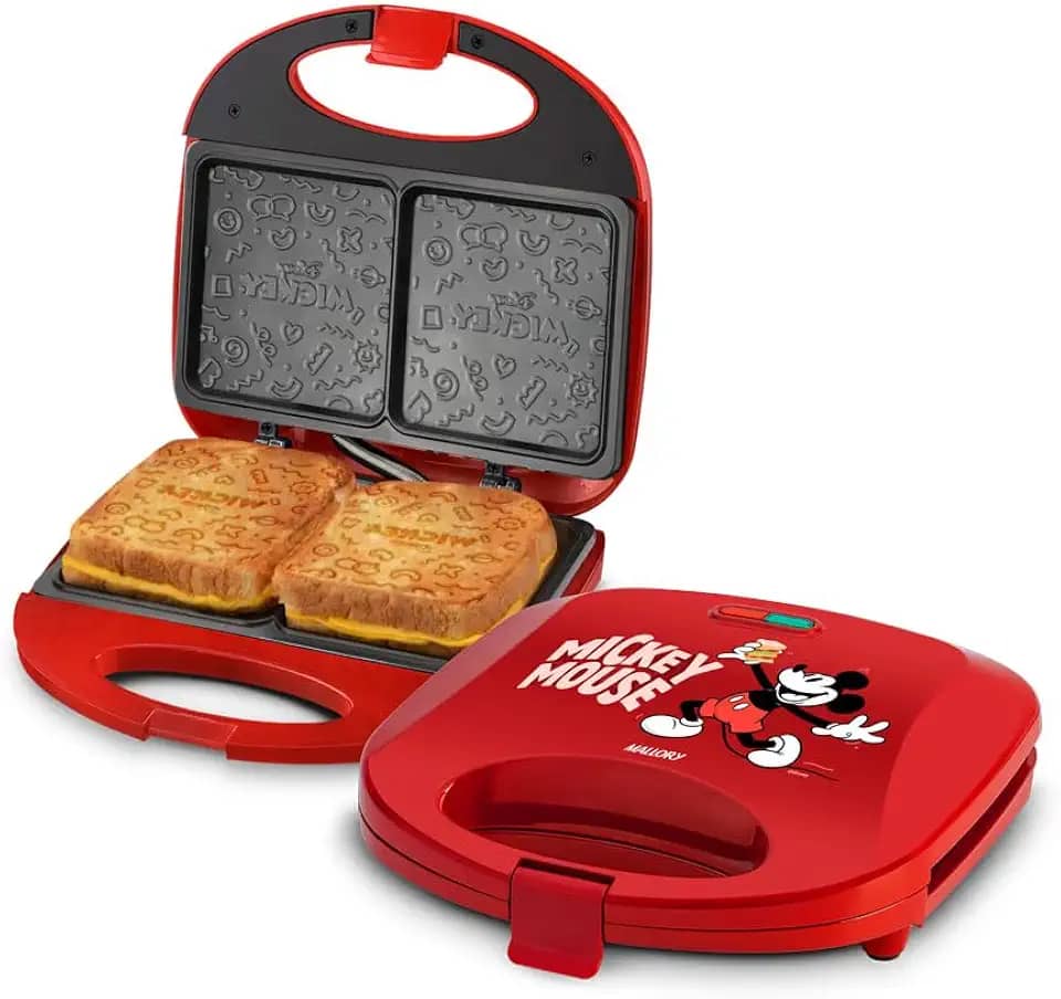 Sanduicheira Elétrica Mallory Mickey Mouse Funny Plates – Placas com Design, Superfície Antiaderente, Luzes LED, Alça com Toque Frio e Trava de Segurança - 220V