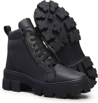 Bota Coturno Feminina Zíper Preta Salto Bloco Plataforma Tratorada Estilosa Confortável