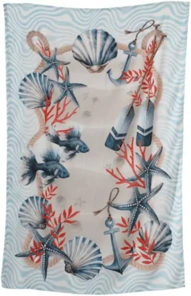 Canga de Praia 100% Viscose Azul Ondas, 1,50m x 1,00m, Estampa Marinha com Estrelas do Mar e Peixes
