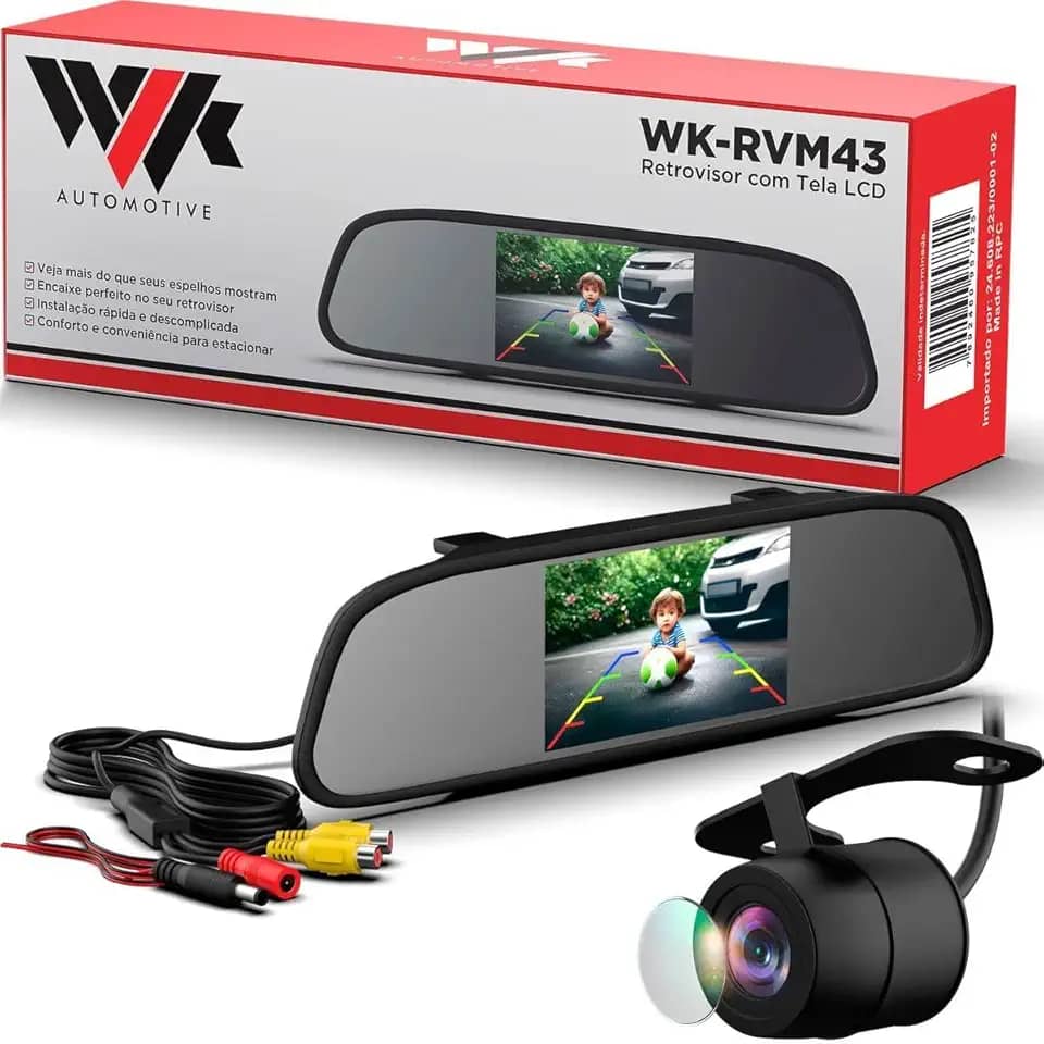 Retrovisor Automotivo com Tela + Câmera de Ré Lente Vidro