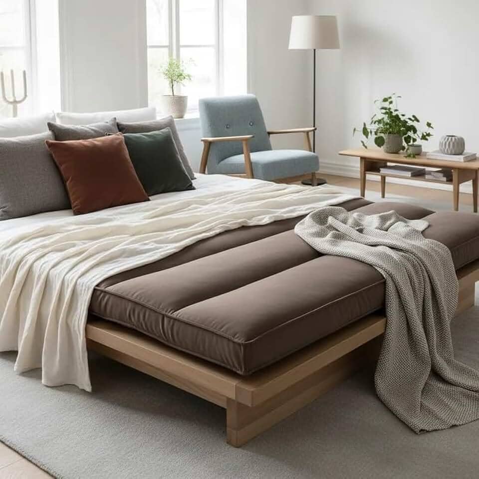 Futon Casal Sofá Cama Dobrável 128x188cm Cor Castor, Espuma Hiper Soft, Capa Removível e Lavável em Suede, Multiuso – Confort Linens