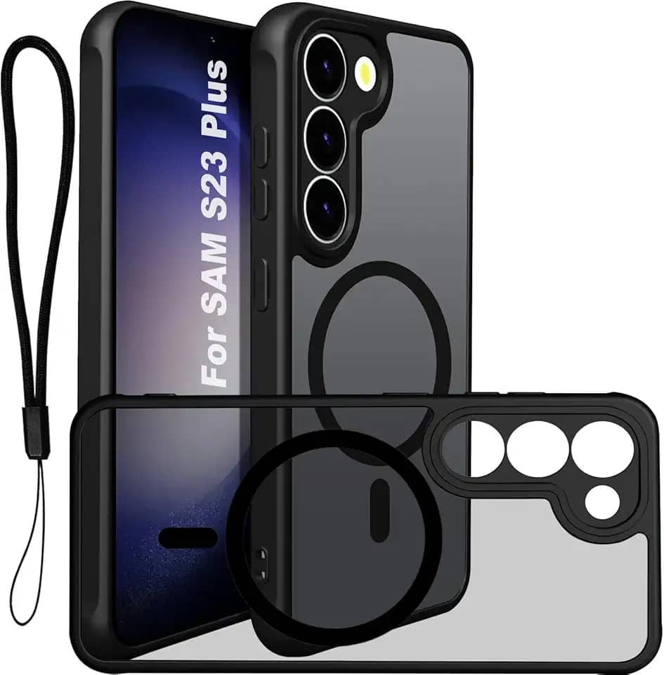 USTIYA Magnética Capa para Samsung Galaxy S23+ S23 Plus Case Matte Acrílico Uso Resistente Protetora de Câmera Capinha Acessórios para Celular com Cordão Preto FGCX