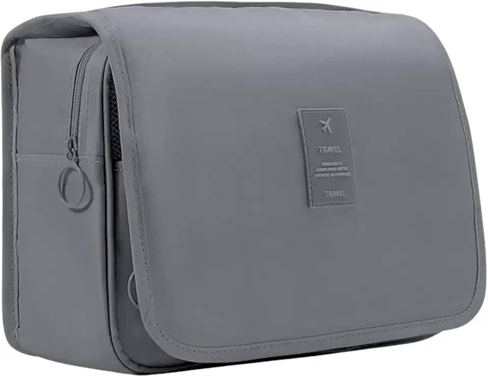 Necessaire Unissex Organizadora Portátil para Viagem e Uso Diário, Bolsos Internos, Fecho com Zíper, com Gancho para Pendurar, Várias Divisórias, Material Premium Resistente à Água (Cinza)