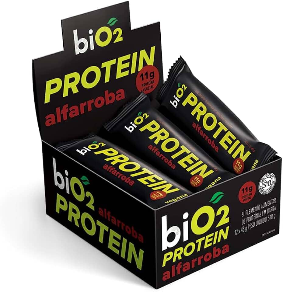 biO2 Display Barra de Proteína Alfarroba e Pasta de Amendoim, 12 unidades de 45g, Protein Bar Vegana e Sem Glúten