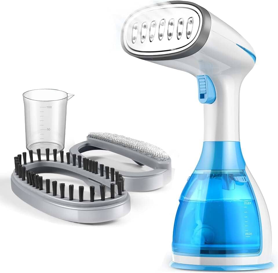 Vaporizador de Roupas,1500W Ferro a Vapor Portatil,Ferro a Vapor com Tanque de Água, Dois Tipos de Escovas e Copos Medidores,para Remoção Rápida de Rugas do Tecido,Ideal para Famílias, Viagens