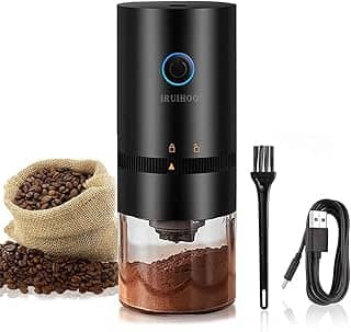 Moedor de café elétrico portátil, Iruihoo 4 xícaras pequeno moedor cônico automático moedor de grãos de café com configuração multi moagem para espresso gotejamento despeje sobre prensa francesa, USB recarregável (Preto)
