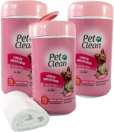 Pet Clean Lenços Umedecidos com Aloe Vera, 3 Potes com 75 Unidades, 19x11cm, para Cães e Gatos
