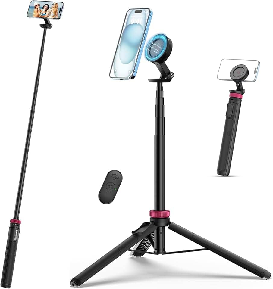 Ulanzi Tripé Magnético de 61 Polegadas com Controle Remoto para iPhone 15/14/13/12, Tripé Extensível, Suporte Portátil para Selfie/Foto/Vivo/Vlog, Rosa